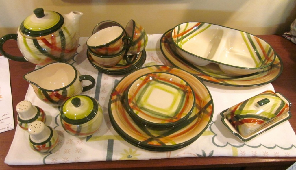 "Tam O'Shanter" Dinnerware. 1949-1958. Set for four. Teapot, cream and sugar, butter, platter, vegetable dish, salt and pepper, four cups and saucers, four bread and butter plates, four dinner plates. $225. Extra plates sold separately.