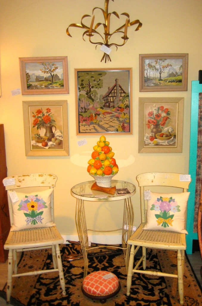 Glass-topped table $225 Pair of shabby-chic $40 each Wonderful lemon and lime centrepiece (Italian) $225 Cottage needlepoint $50 Still life Paint-by-Numbers $60 (pair) Buildings Paint-by-Numbers $40 (pair)