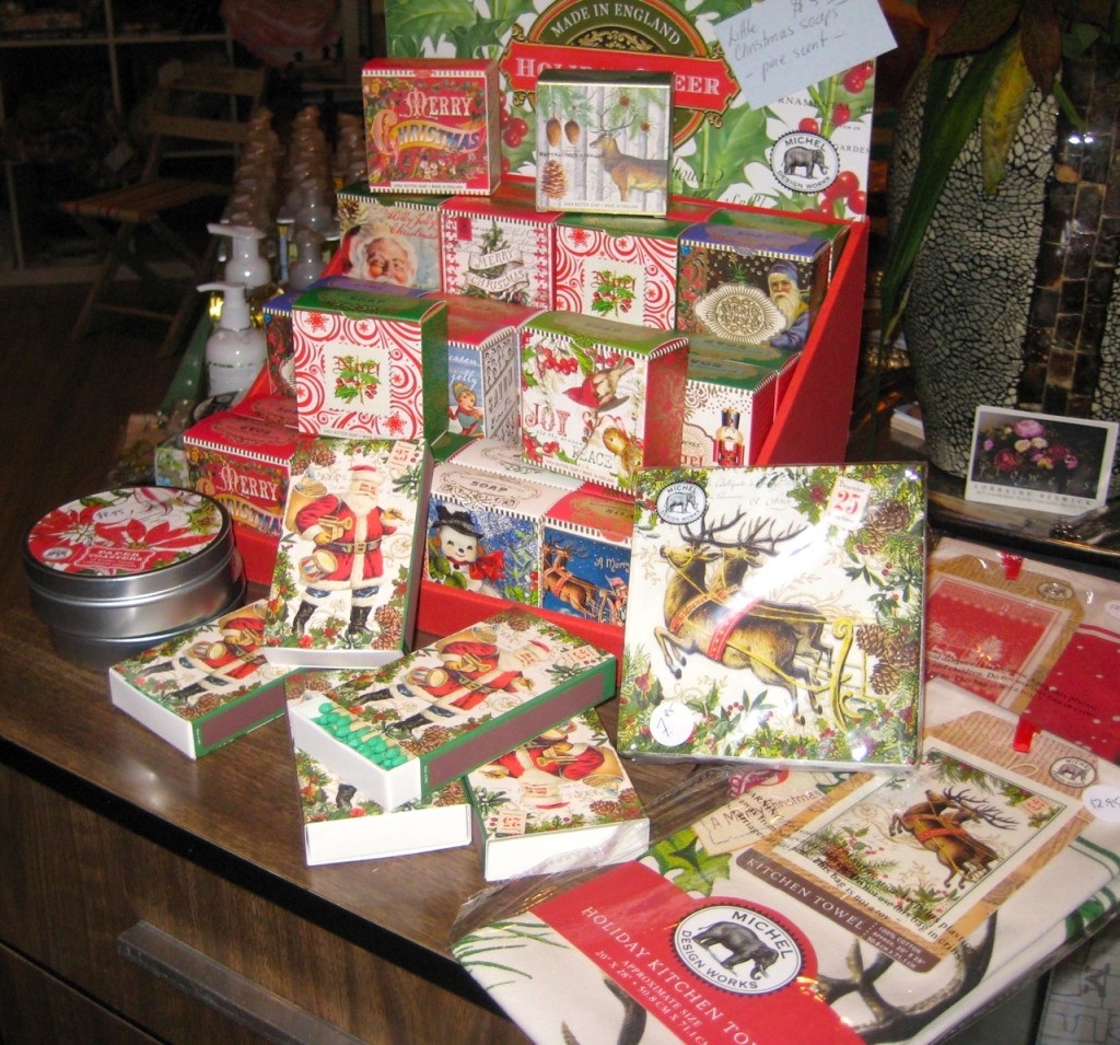 Michel Design Works Christmas soaps, coasters, napkins and tea towels.